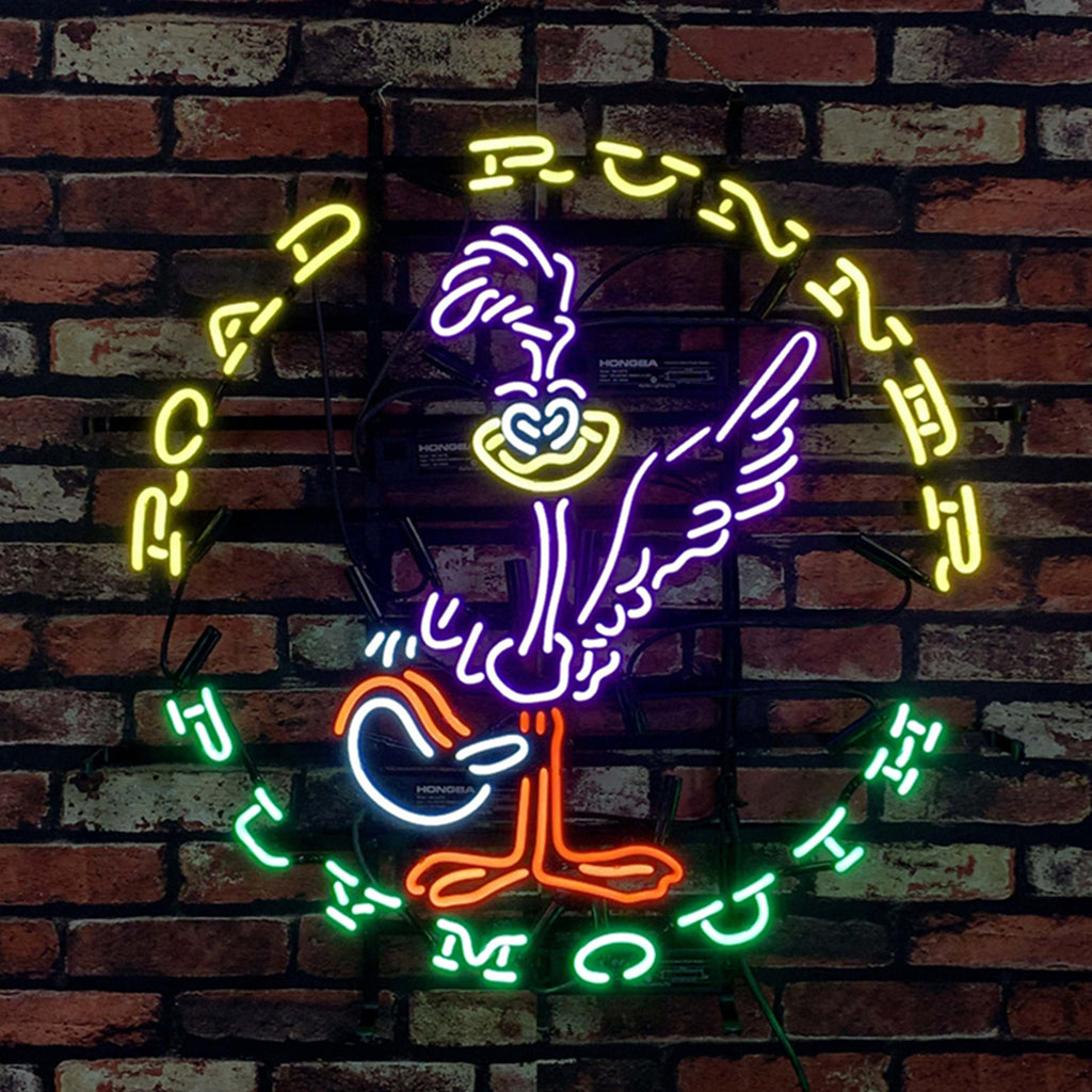 " Road Runner Plymouth neon sign glass - vintage style, perfect for garages, man caves, and auto enthusiasts."