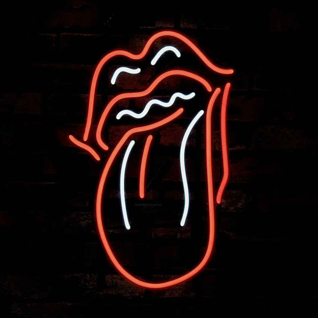 "Rolling Stones Tongue neon sign glass - vibrant team logo, perfect for sports bars, game rooms, and fan spaces."