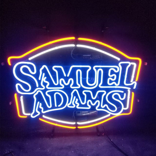 "Samuel Adams Beer Lager neon sign glass - bright and vibrant logo, perfect for bars, game rooms, and man caves."