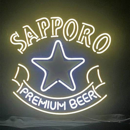"Sapporo Premium Beer with Star neon sign glass - bright and vibrant logo, perfect for bars, game rooms, and man caves."