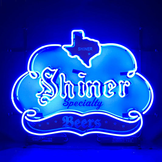 "Shiner Specialty Beers with Texas Map neon sign glass - bright and vibrant logo, perfect for bars, game rooms, and man caves."