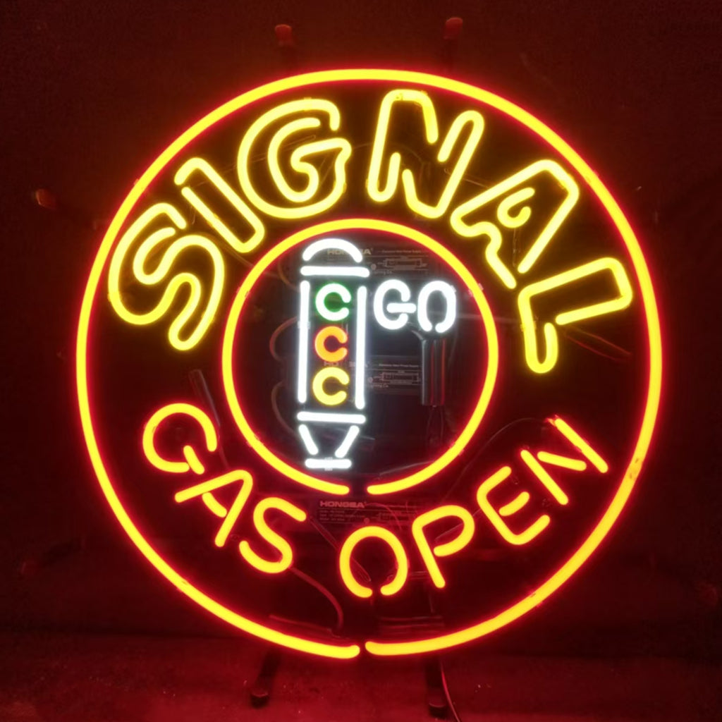 "Signal Gas Open Neon Sign Light Glass - ideal for enhancing the vintage ambiance of any space."