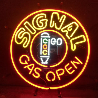 "Signal Gas Open Neon Sign Light Glass - ideal for enhancing the vintage ambiance of any space."