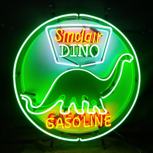 
"Sinclair Dino Gasoline neon sign glass - iconic vintage design, perfect for adding a classic touch to garages and man caves."