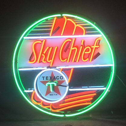 "Sky Chief Texaco Gasoline-glass with UV-printed logo on acrylic - vintage style, perfect for garages, man caves, and auto enthusiasts."