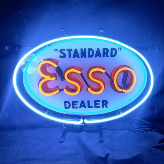 "Standard Esso Dealer neon sign - bright and vibrant logo, perfect for bars, game rooms, and man caves."