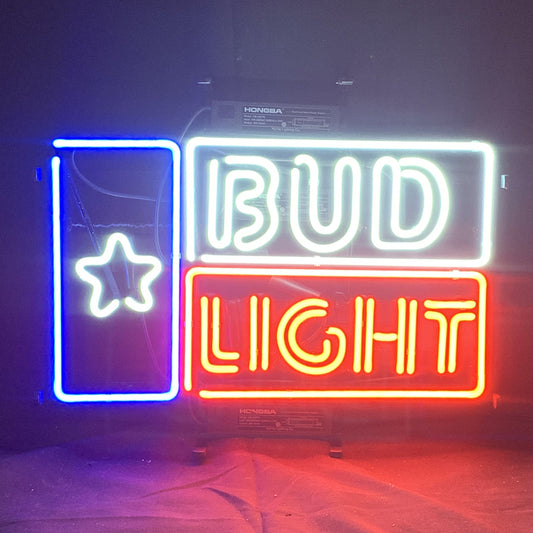 "Star with Bud Light neon sign glass - bright and vibrant logo, perfect for bars, shops, man caves gift decoration."