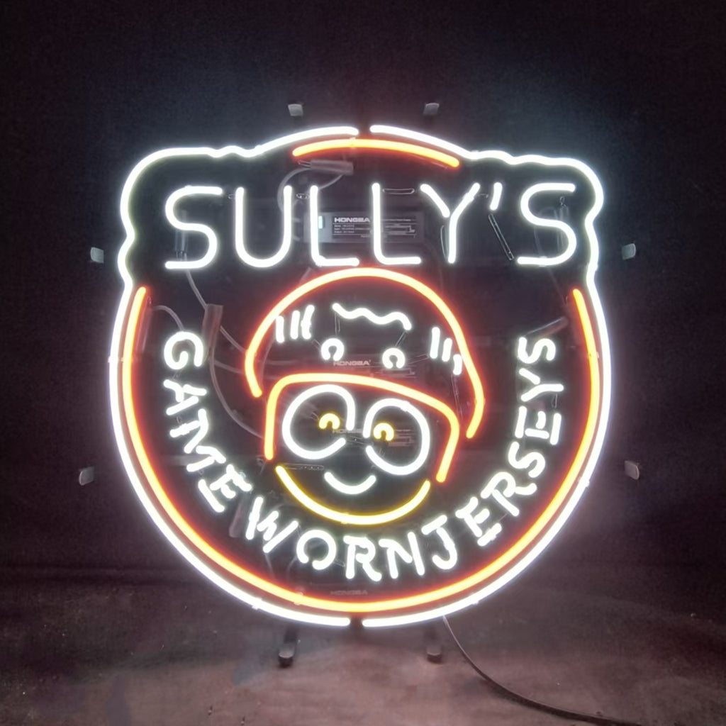"Sully's Game Worn Jerseys neon sign glass - vibrant team logo, perfect for sports bars, game rooms, and fan spaces."