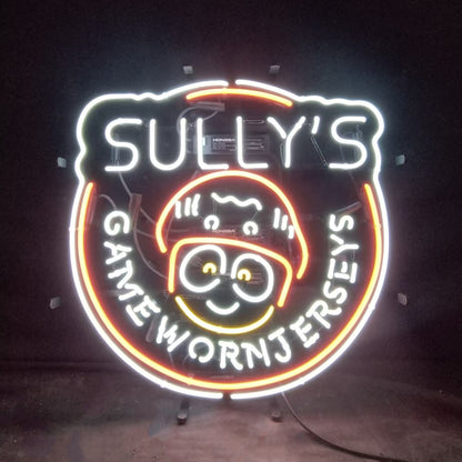 "Sully's Game Worn Jerseys neon sign glass - vibrant team logo, perfect for sports bars, game rooms, and fan spaces."
