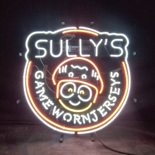 "Sully's Game Worn Jerseys neon sign glass - vibrant team logo, perfect for sports bars, game rooms, and fan spaces."