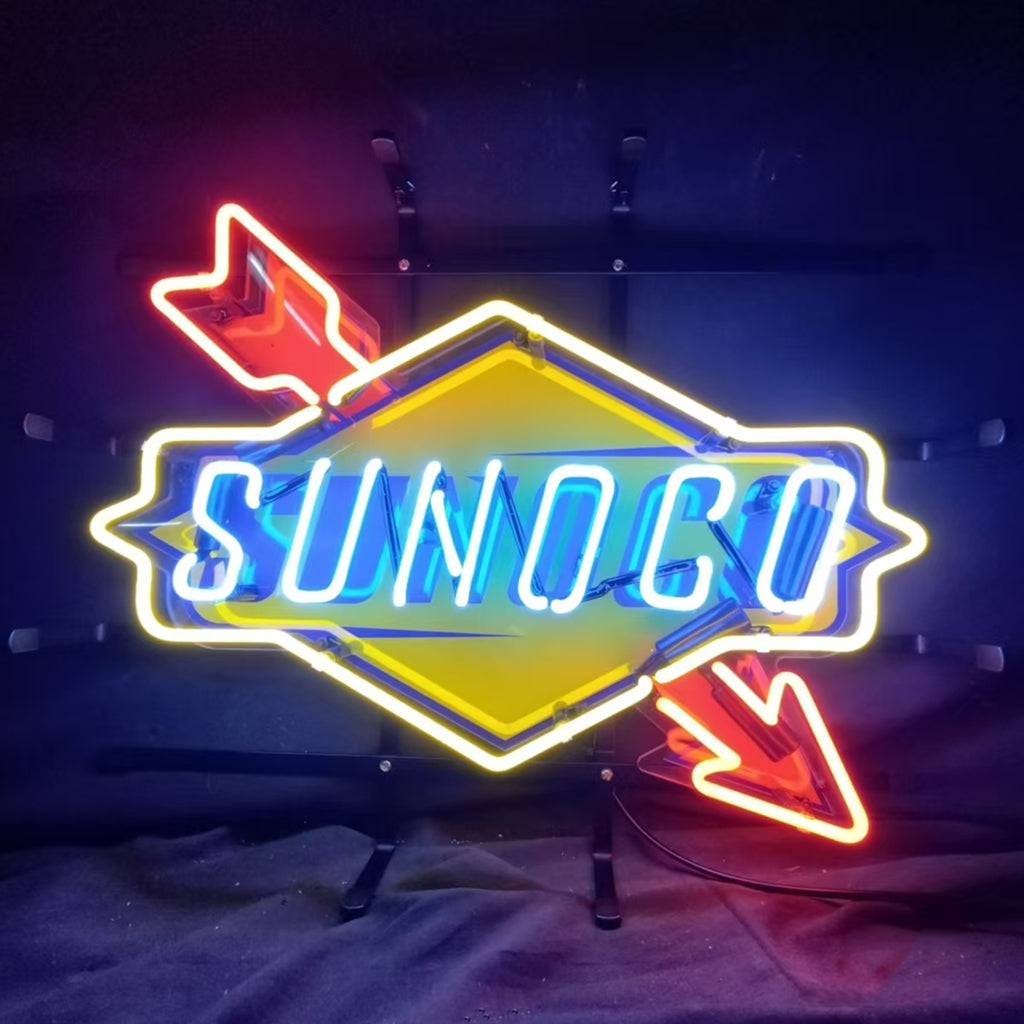 "Sunoco Gasoline Company Logo Neon Sign- glass and logo on back, perfect for garage, man cave decor, also a good idea for gift."