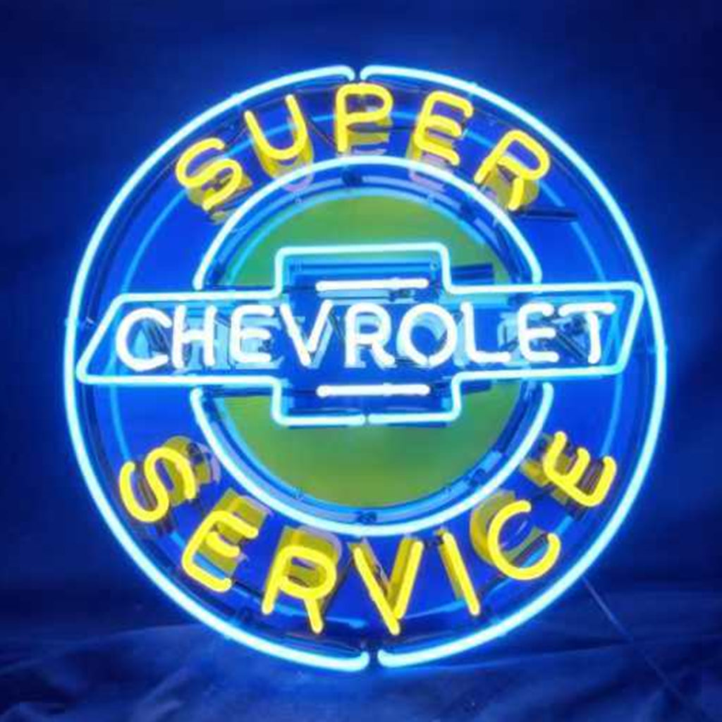 "SUPER CHEVROLET SERVICE neon sign glass - vintage style, perfect for garages, man caves, and auto enthusiasts."