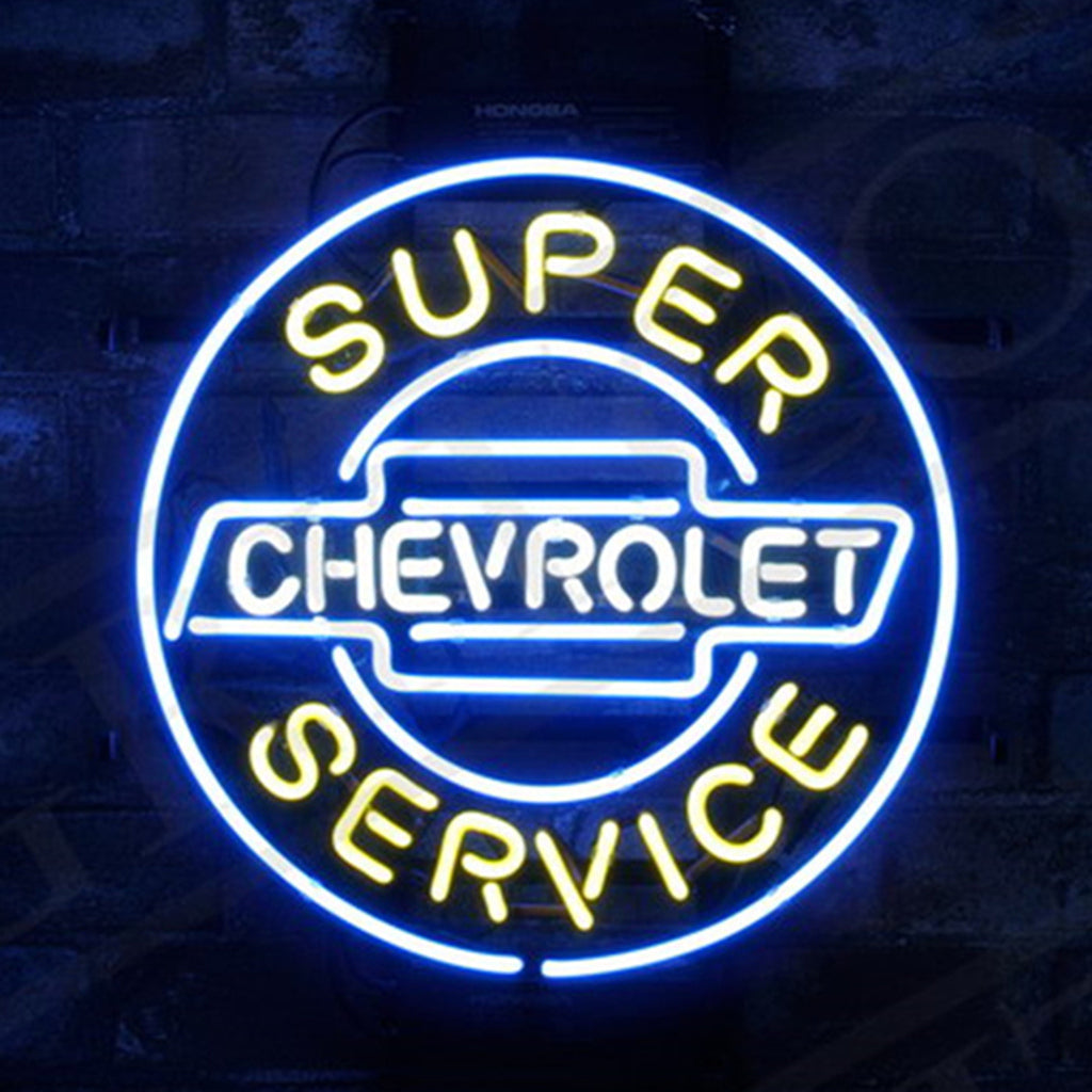 "Super Service Chevrolet neon signs glass - a nostalgic addition to garages, workshops, and automotive spaces."