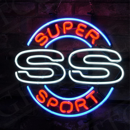 "Super Sport SS neon signs glass - a nostalgic addition to garages, workshops, and automotive spaces."