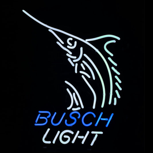 "Swordfish Busch Light neon sign glass - bright and vibrant logo, perfect for bars, game rooms, and man caves."