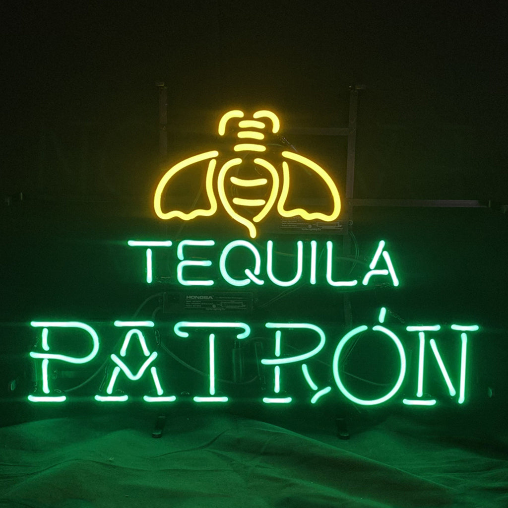 "TEQUILA SLIVER PATRON LAGER neon sign glass - bright and vibrant logo, perfect for bars, game rooms, and man caves."