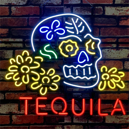 Neon Sign Glass-Tequila beer lager with skull bone, yellow flowers surround the skull bone