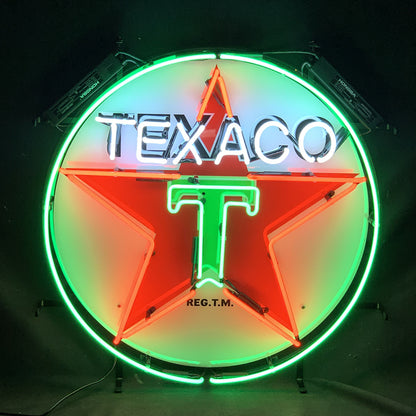 "Texaco Gasoline neon sign glass with UV-printed logo on acrylic - vintage style, perfect for garages, man caves, and auto enthusiasts."