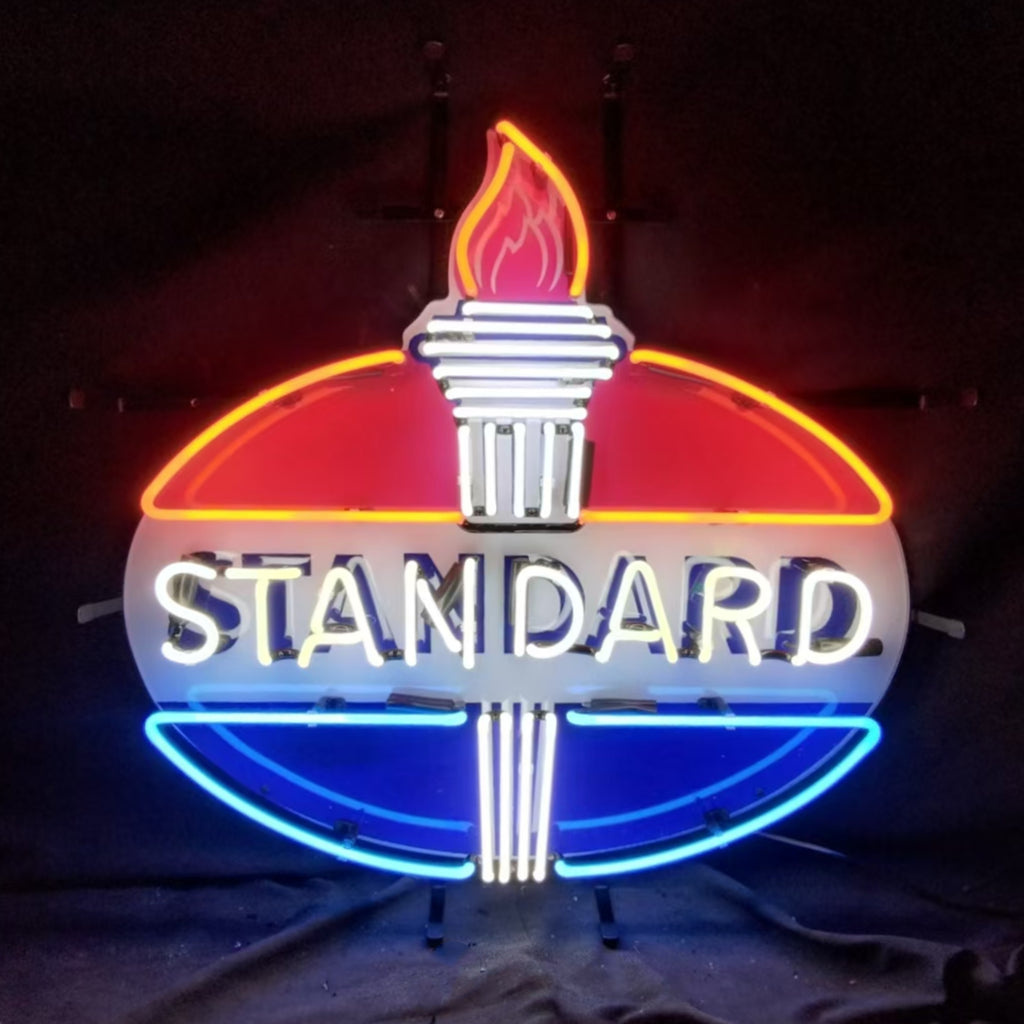 "Torch Standard Gasoline Neon Sign Light Glass - ideal for enhancing the vintage ambiance of any space."