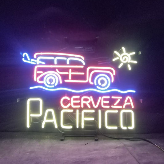 Sunny sun, moving pickup trucks , neon glass tubes combined with Mexican beer cerveza pacifico. 