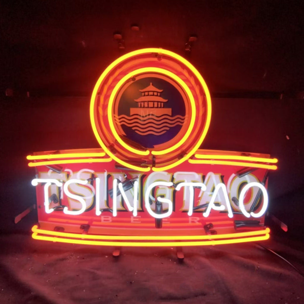 "Tsingtao Beer neon sign glass - vibrant team logo, perfect for sports bars, game rooms, and fan spaces.