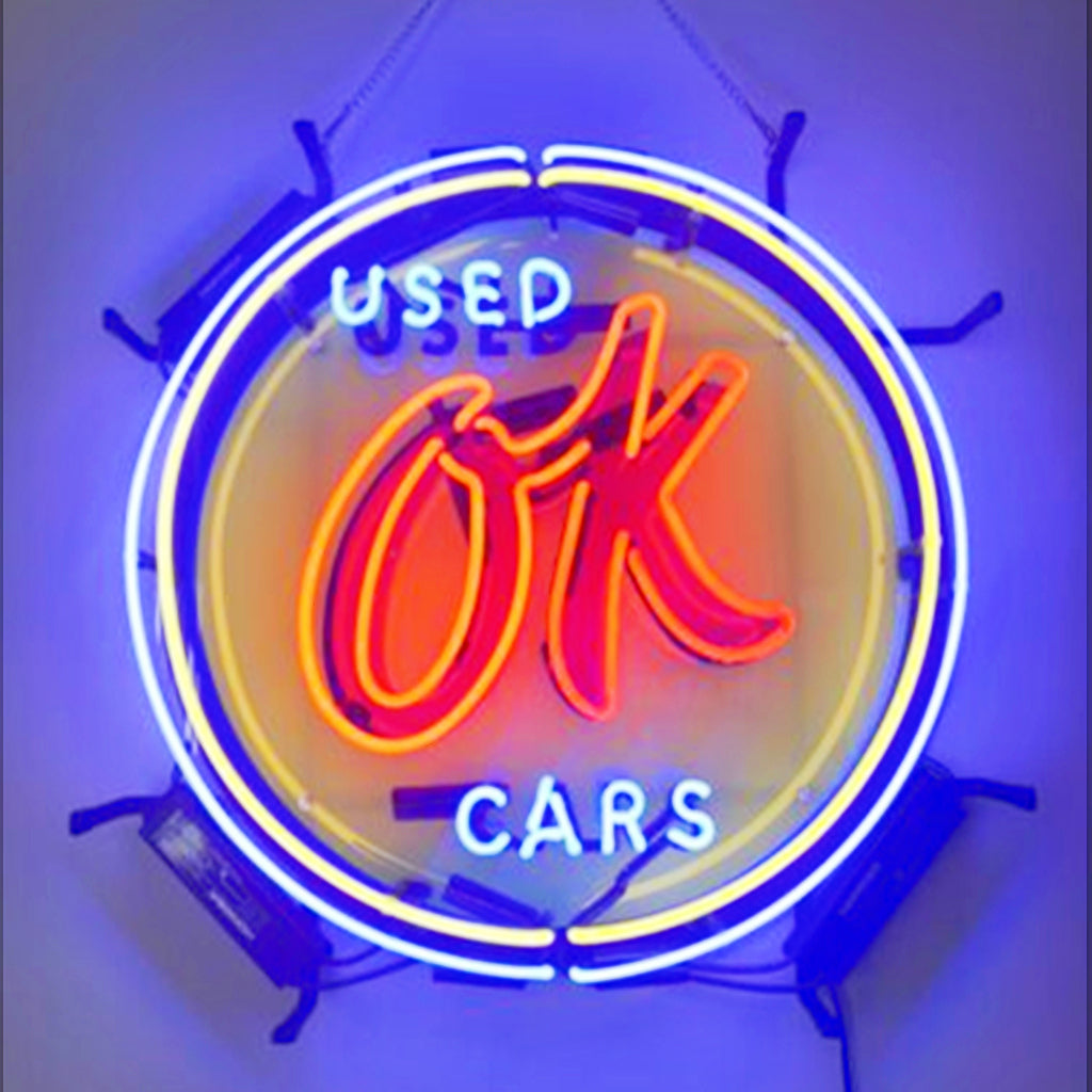 " Used OK Cars neon sign glass - sleek and stylish, perfect for garages, man caves, and auto enthusiasts."