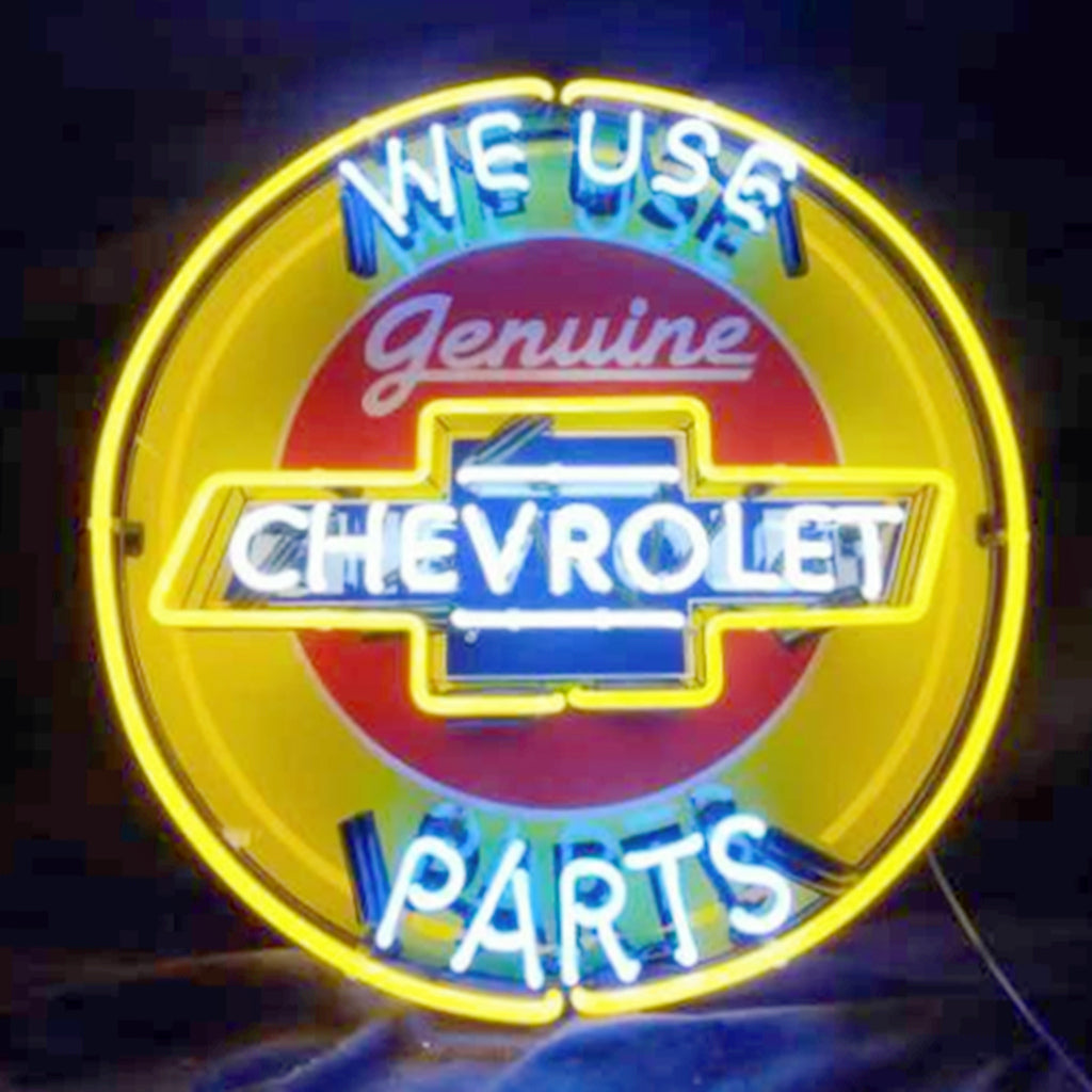"We Use Genuine Chevrolet Parts neon sign glass - sleek and stylish, perfect for garages, man caves, and auto enthusiasts."