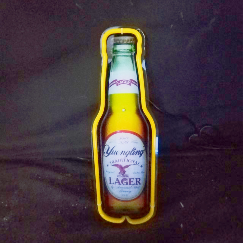 "Yuengling Lager Bottle neon sign glass - bright and vibrant logo, perfect for bars, game rooms, and man caves."